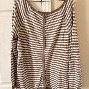 LOFT Brown and White Striped Button Down Sweater